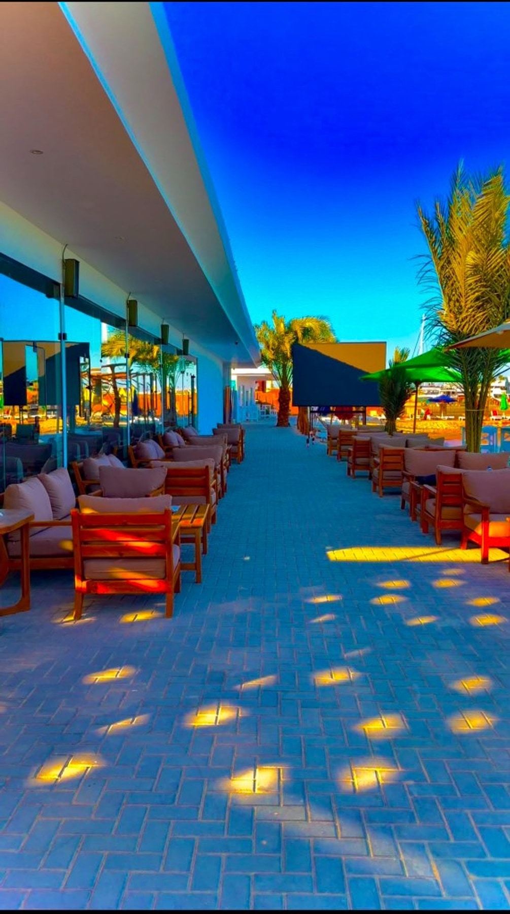 Outdoor lounge seating on a sunny day